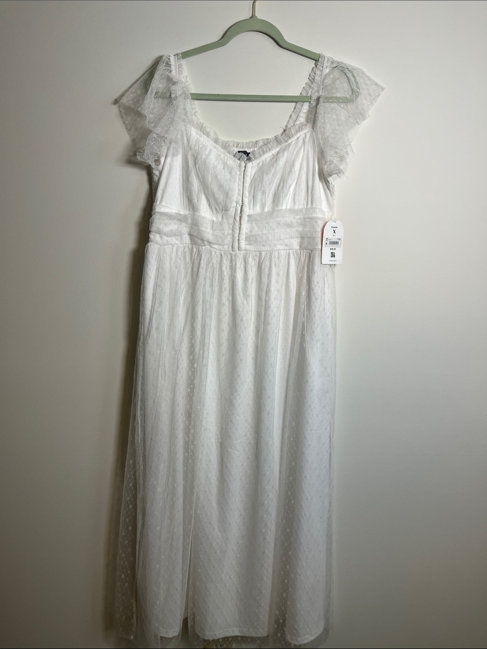 NWT - Arula - Sz X (XL) Romantic White Midi Dress with Lace Flutter Sleeves